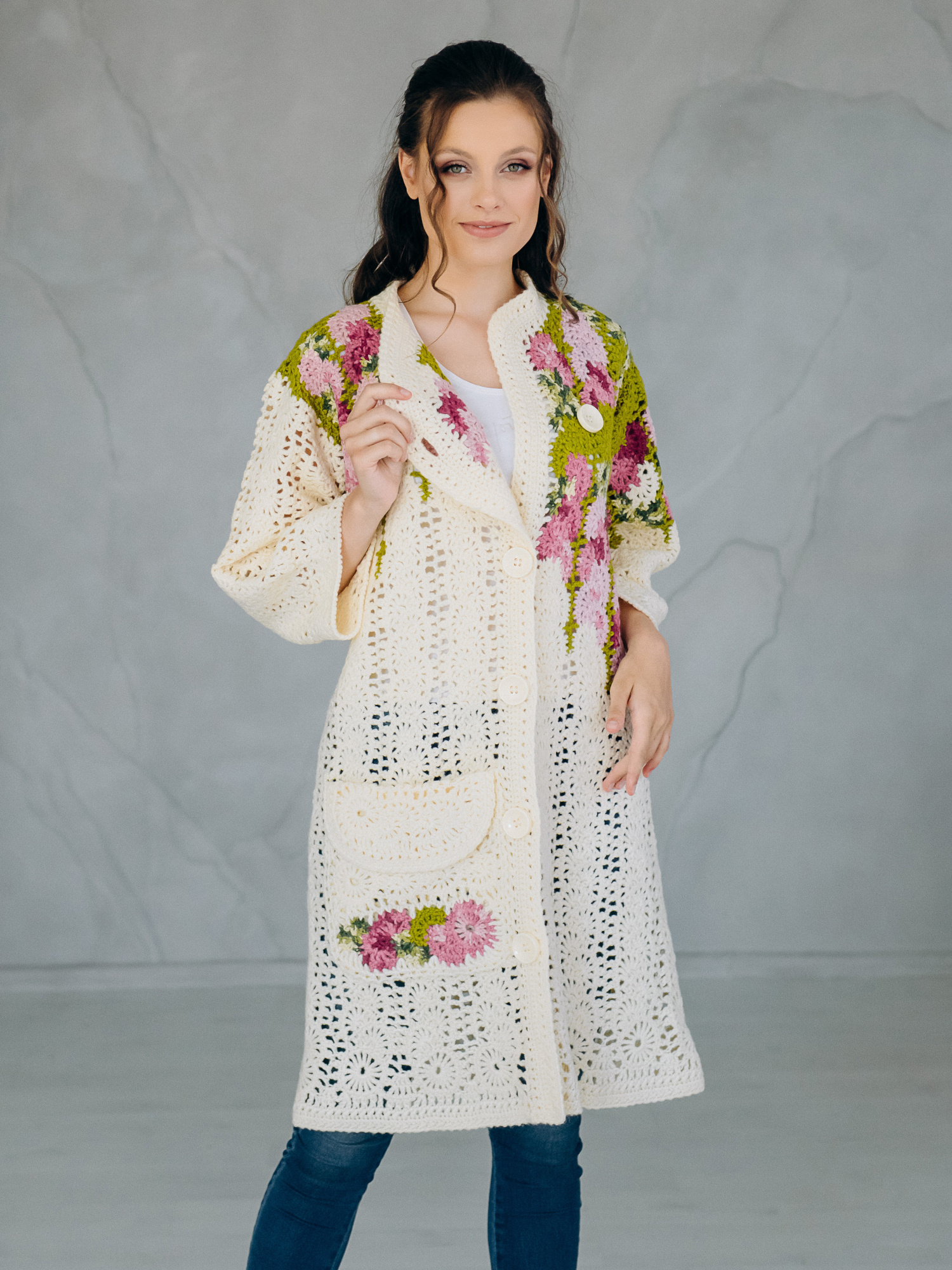 Пальто “SPRING” – oversize ручна робота, айворі/фуксія, M/L