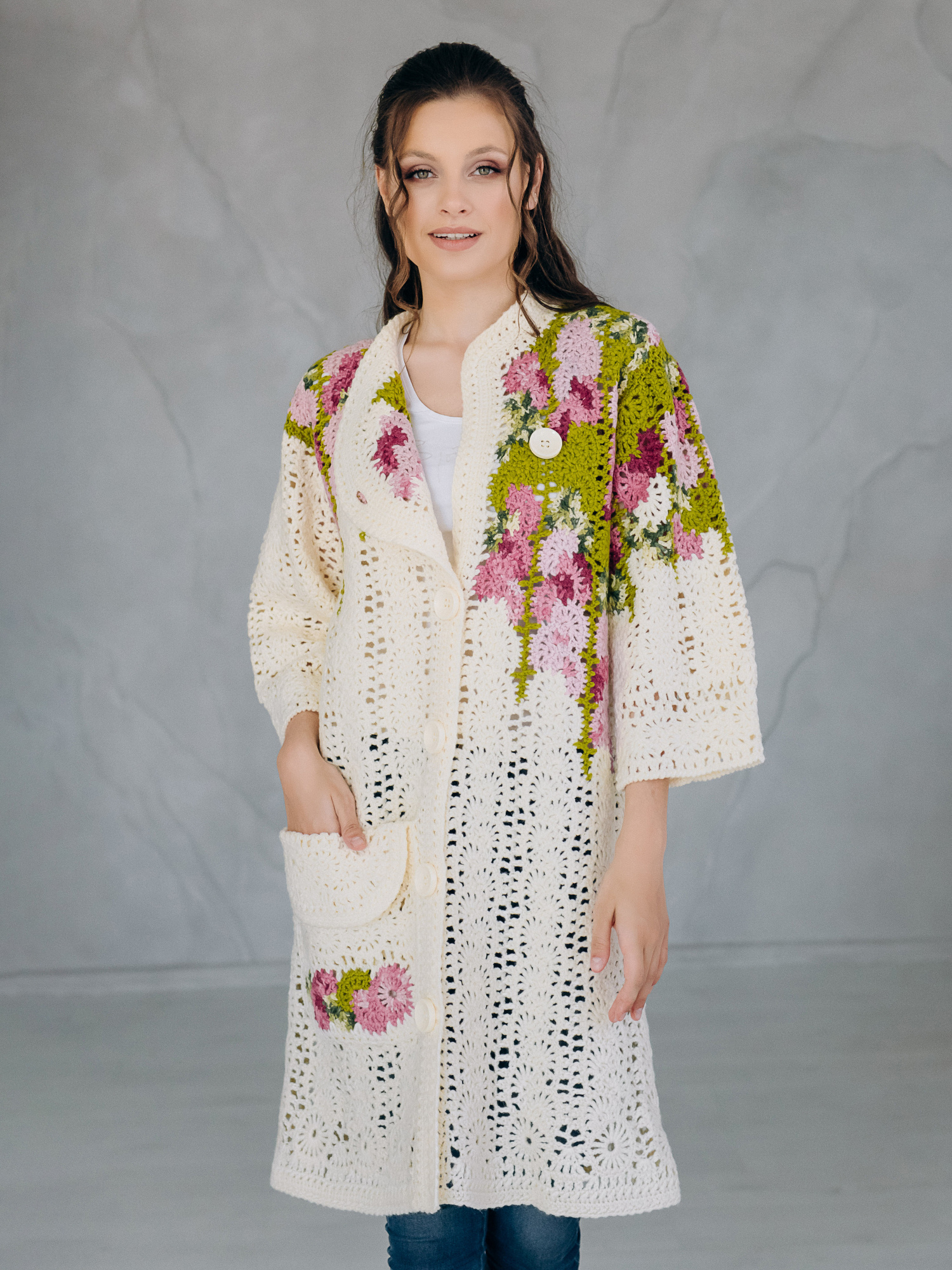 Пальто “SPRING” – oversize ручна робота, айворі/фуксія, M/L