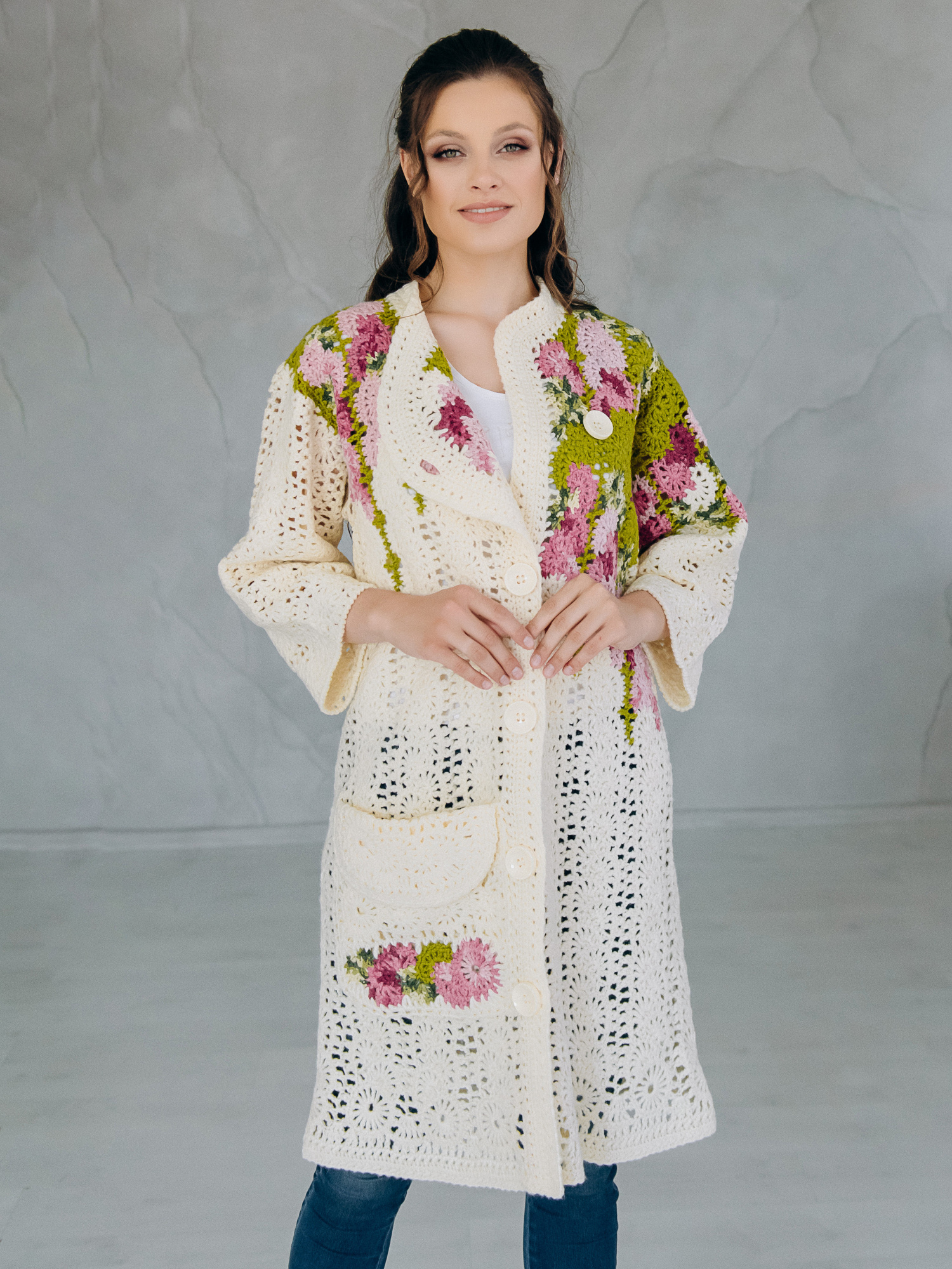 Пальто “SPRING” – oversize ручна робота, айворі/фуксія, M/L