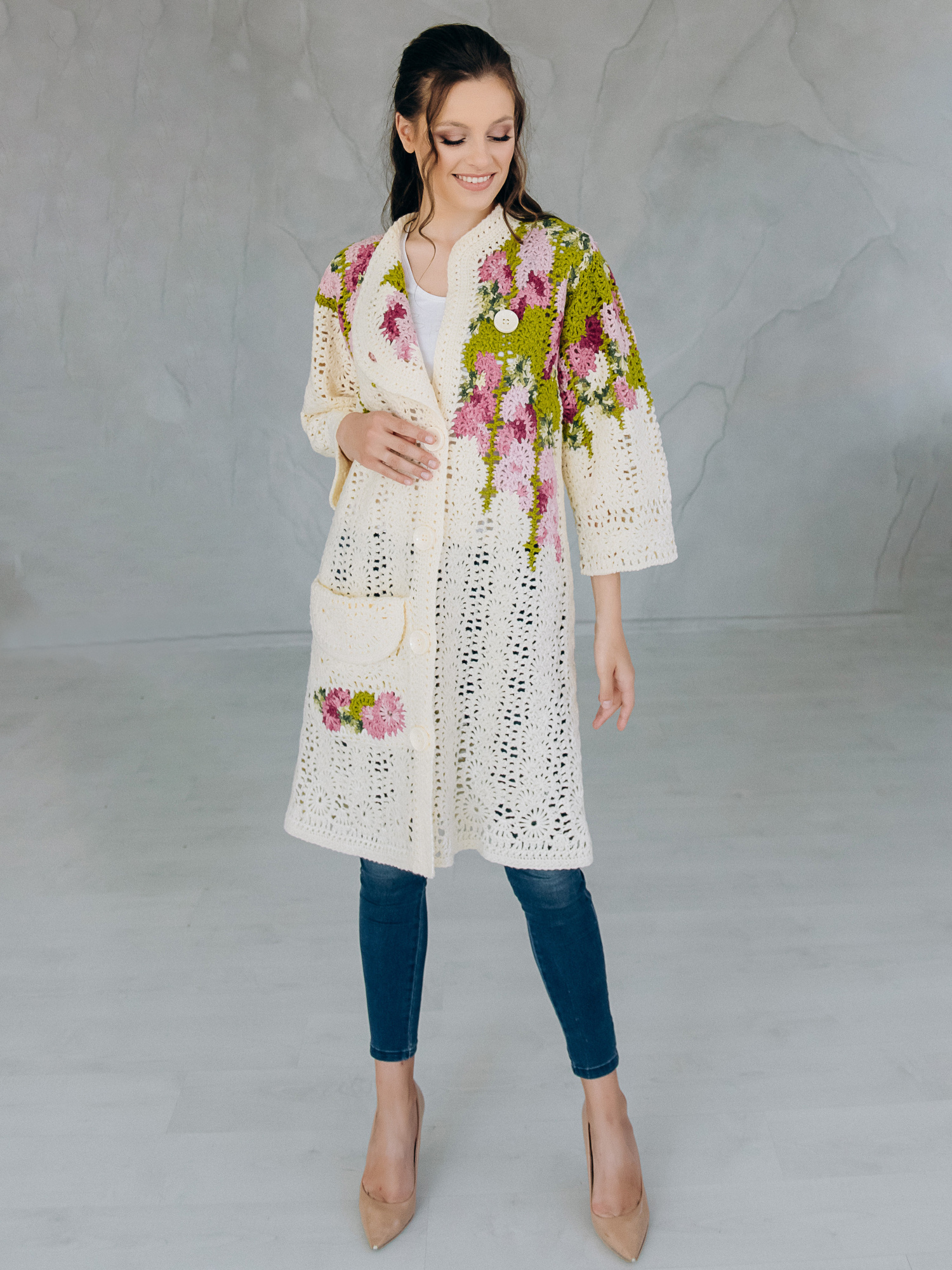 Пальто “SPRING” – oversize ручна робота, айворі/фуксія, M/L