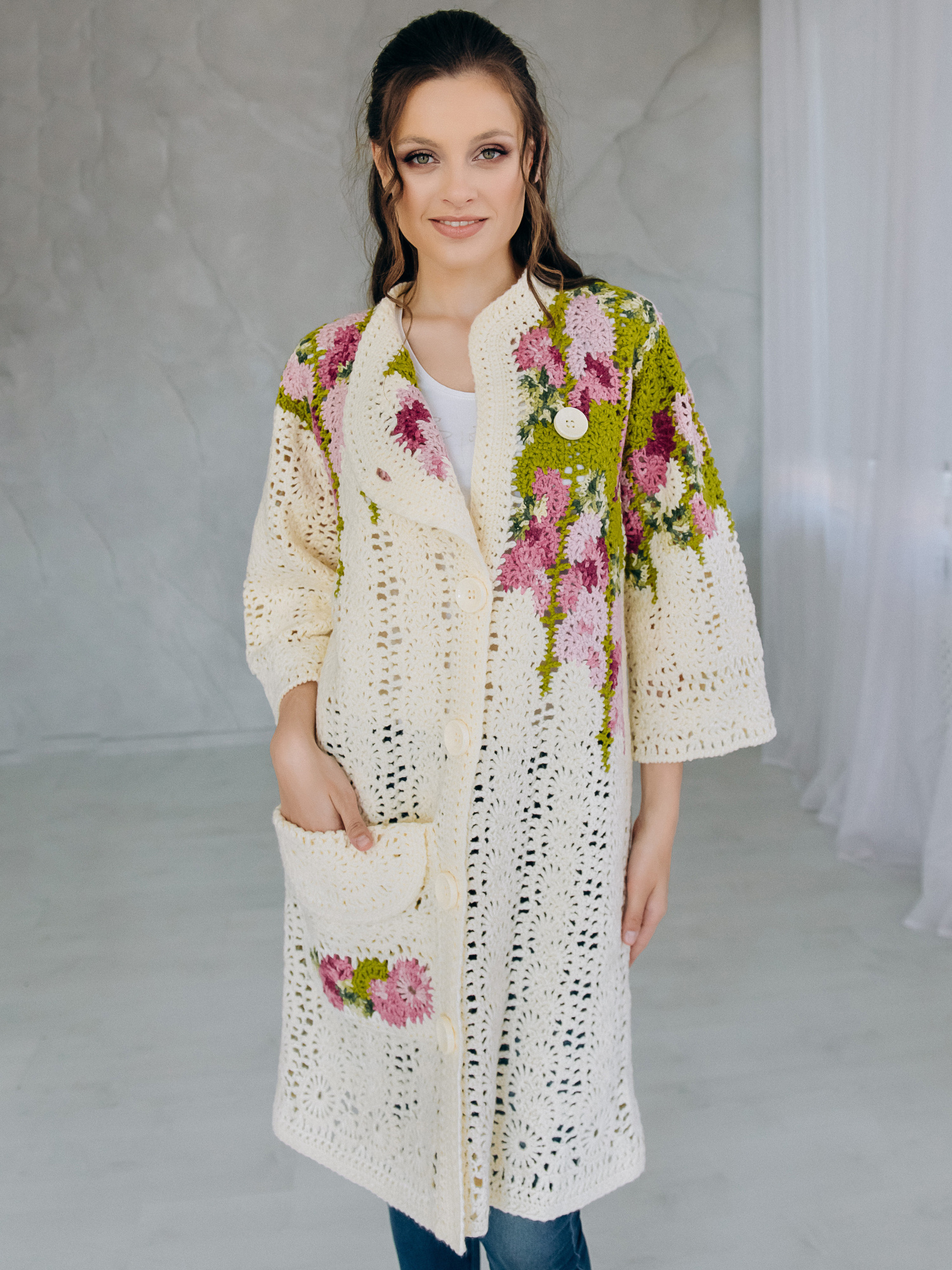 Пальто “SPRING” – oversize ручна робота, айворі/фуксія, M/L