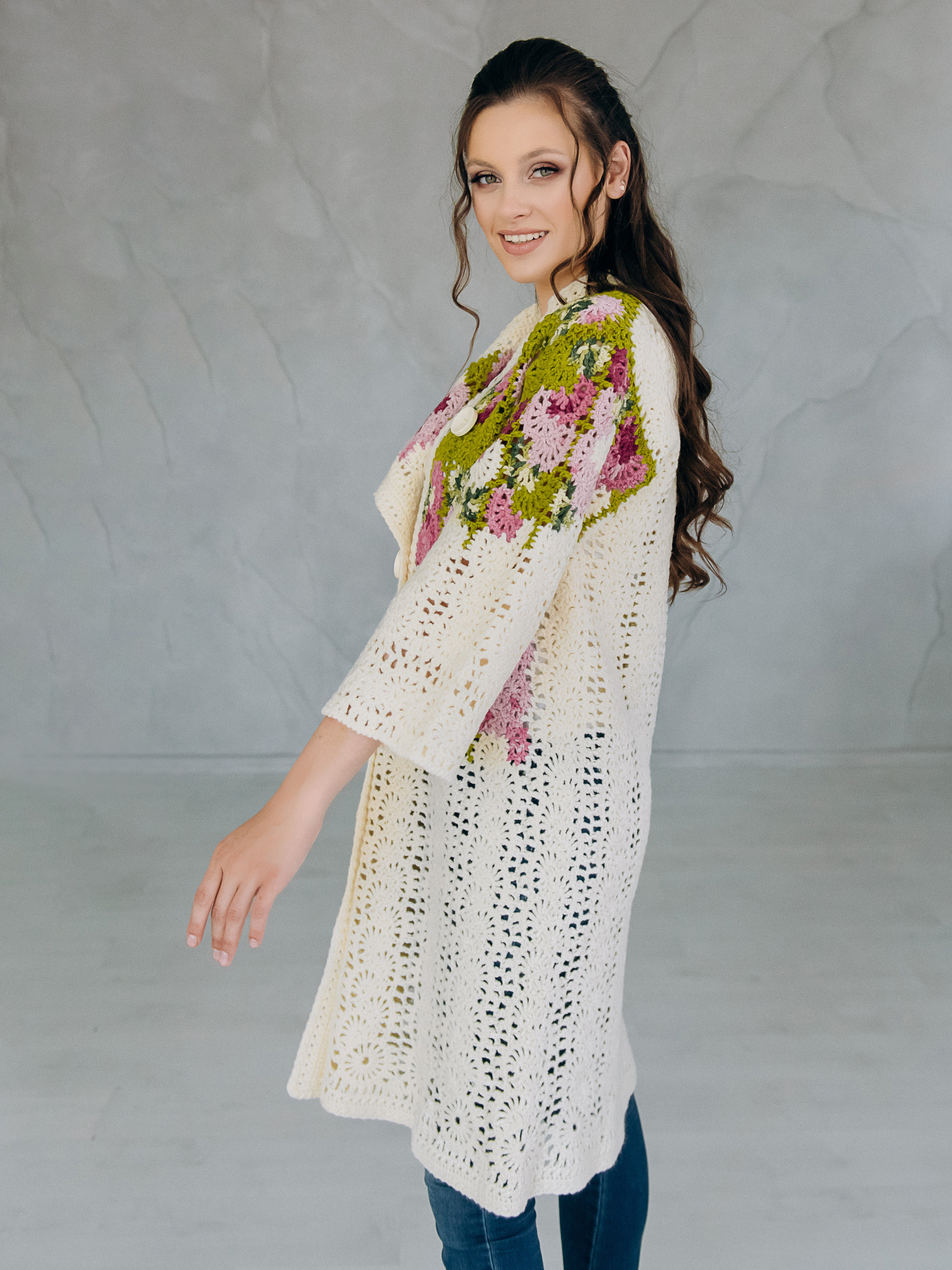 Пальто “SPRING” – oversize ручна робота, айворі/фуксія, M/L