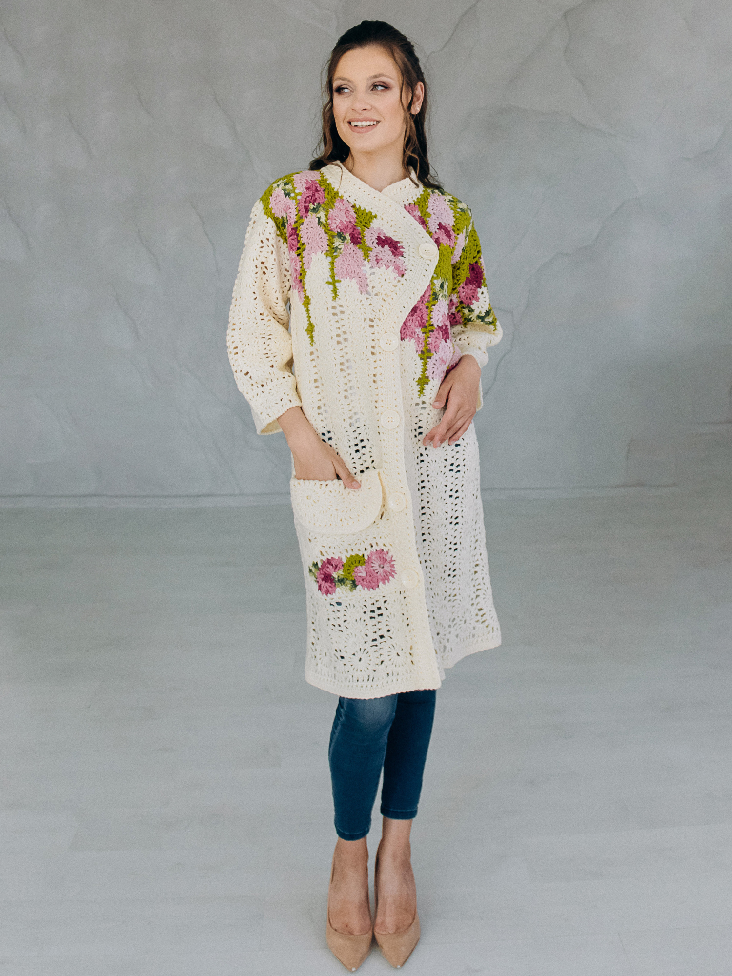 Пальто “SPRING” – oversize ручна робота, айворі/фуксія, M/L