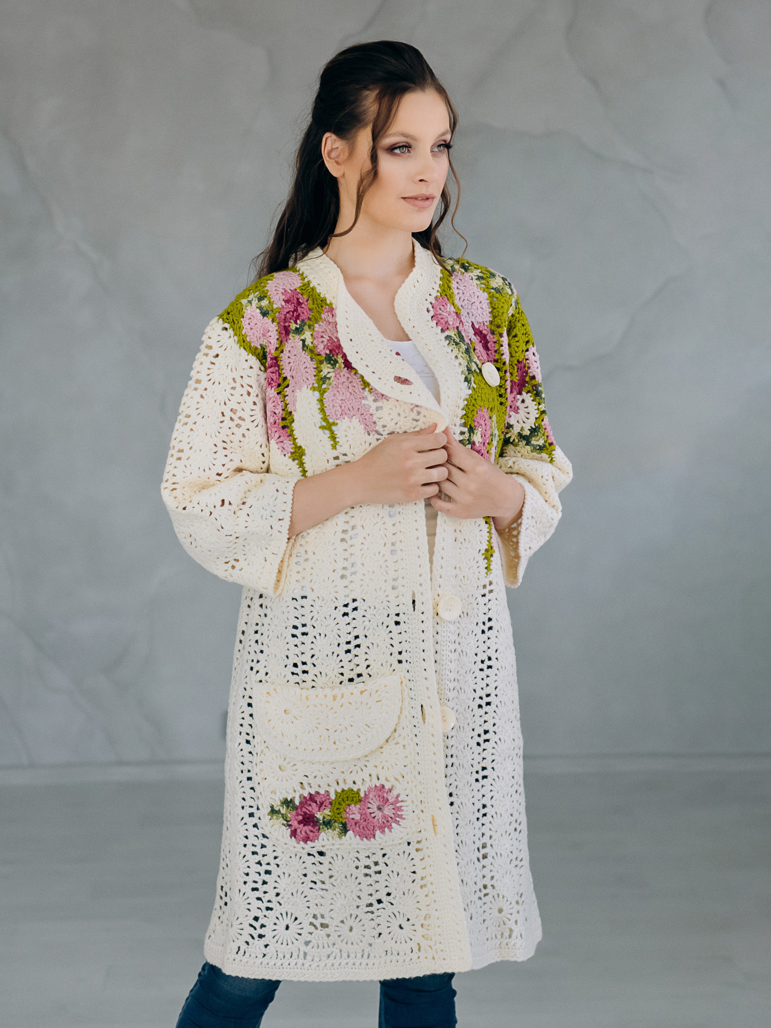 Пальто “SPRING” – oversize ручна робота, айворі/фуксія, M/L