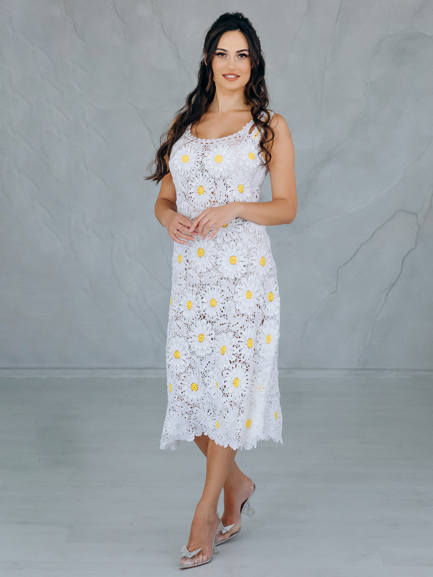 Біла в’язана сукня “DAISY” – ручна робота, розмір XL