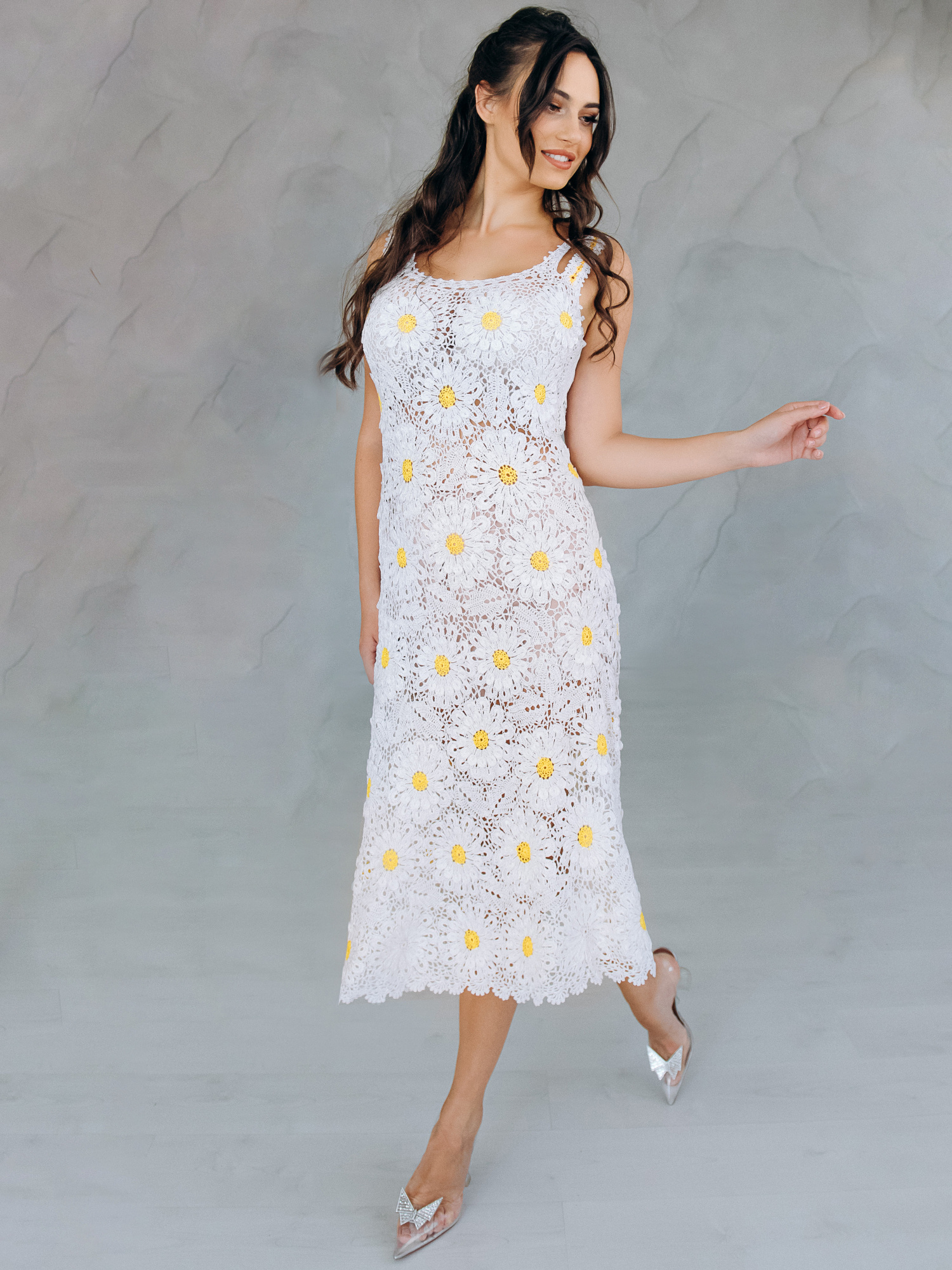 Біла в’язана сукня “DAISY” – ручна робота, розмір XL