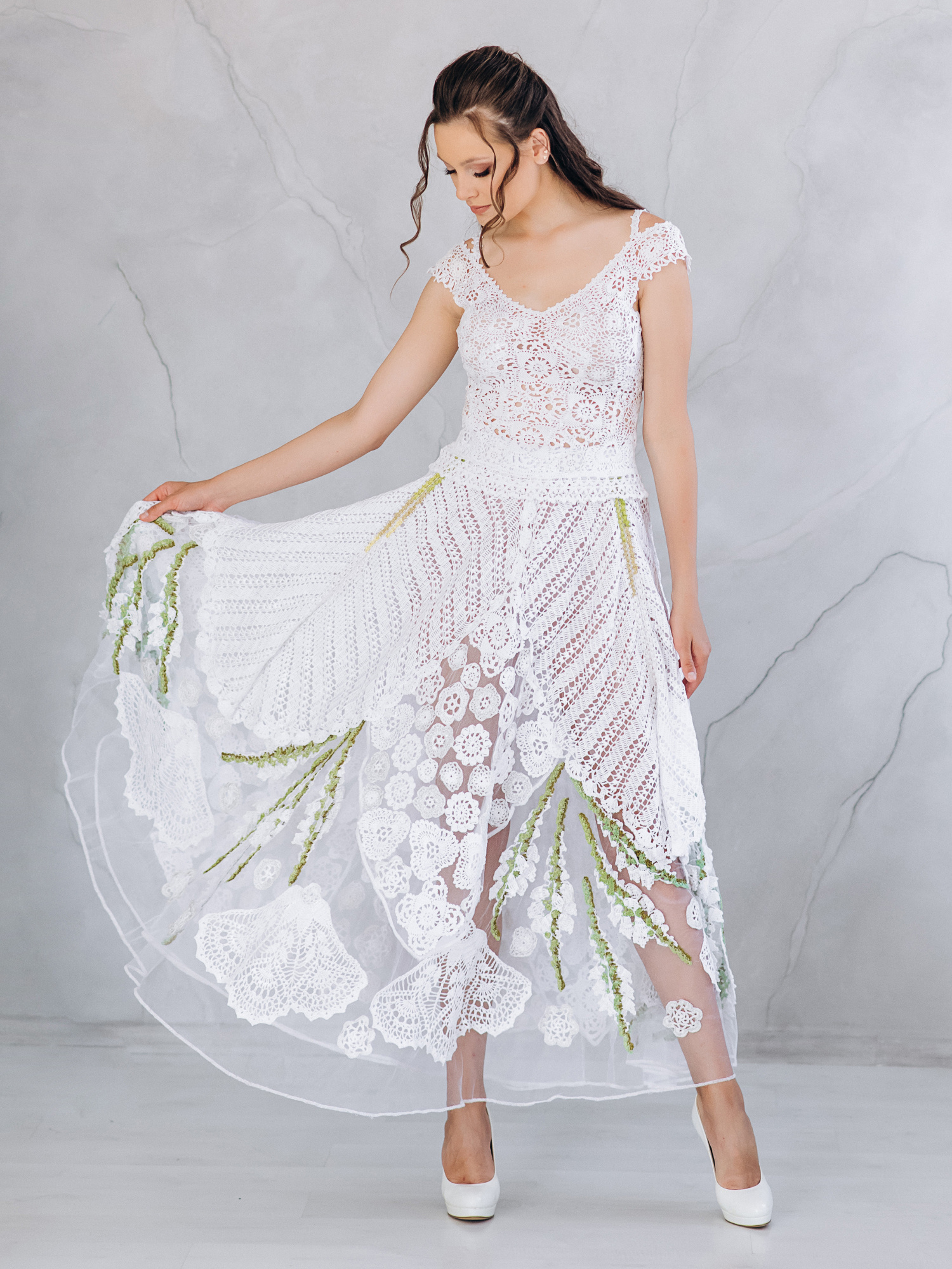 Весільна сукня “MIRABELLA” – біла в’язана сукня з тюлем та корсетом