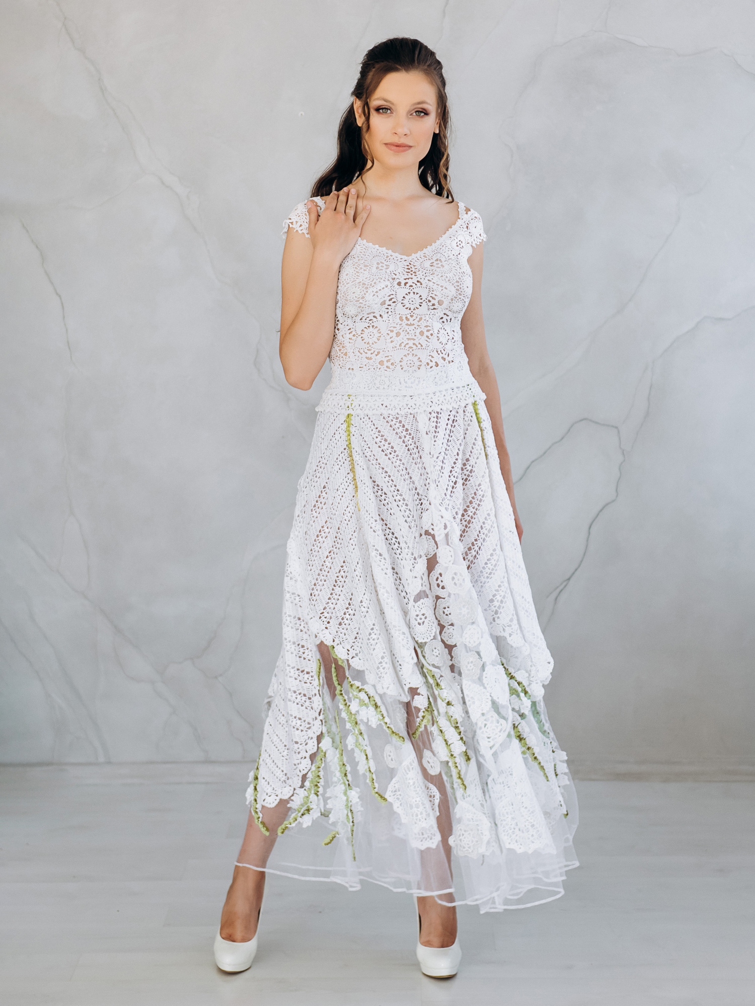 Весільна сукня “MIRABELLA” – біла в’язана сукня з тюлем та корсетом